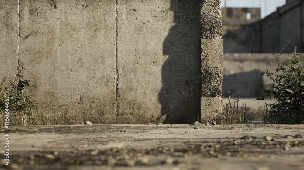 Poster concrete wall section with an open area showcasing natural elements and textures on a plain surface 