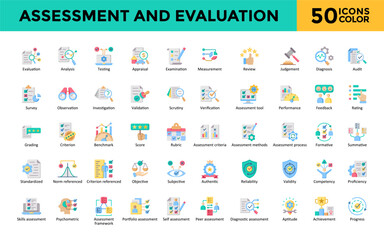 Assessment and Evaluation icon set with evaluation, analysis, testing, appraisal, examination, measurement, review, judgement, diagnosis, audit. Simple flat color vector 
