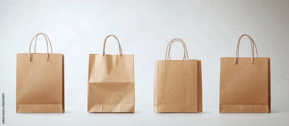 Poster brown paper grocery bags arranged neatly with handles on a plain background showcasing ample space f