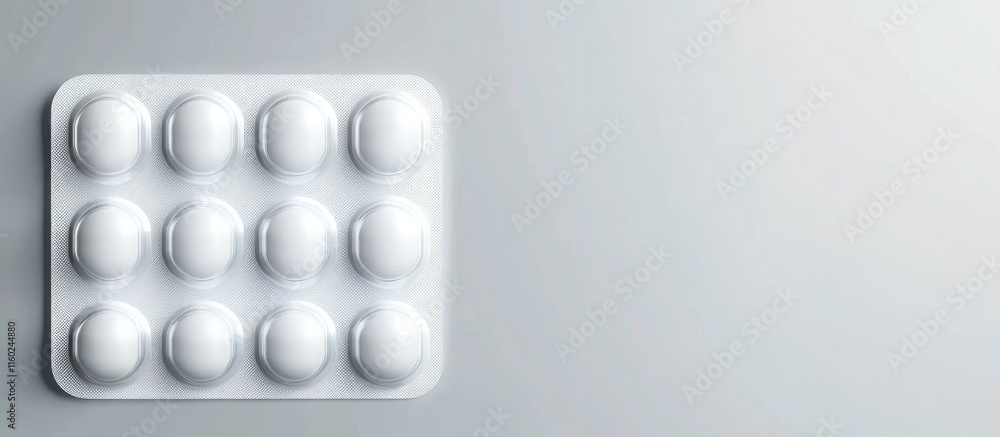 Poster white pill blister pack with capsules arranged neatly on a gray background providing ample space for
