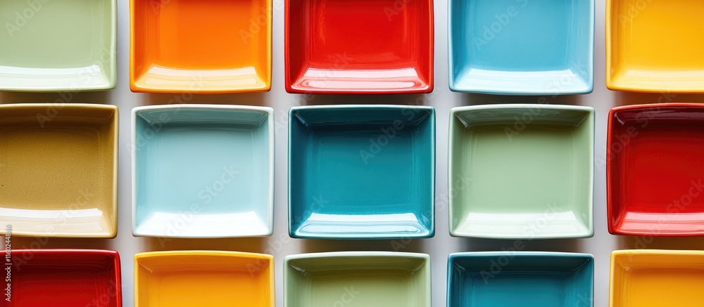 Poster Colorful square plates arranged in a grid pattern with ample blank space for customization and text overlay ideas