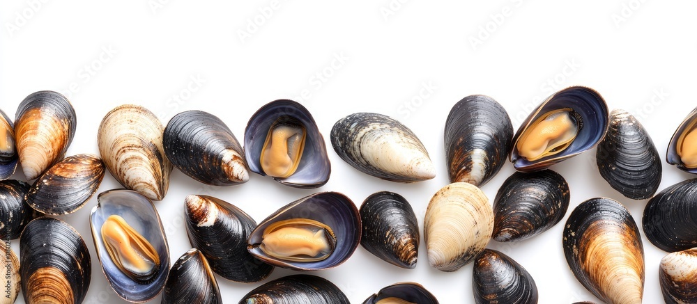 Poster collection of mussels and clams arranged on white background showcasing textures and colors with spa
