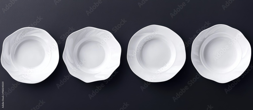 Poster modern white curved plates arranged on dark surface with ample empty space for creative text or bran