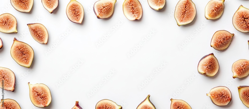 Poster sliced fresh garden figs arranged on a white background with ample space for your text or design ele