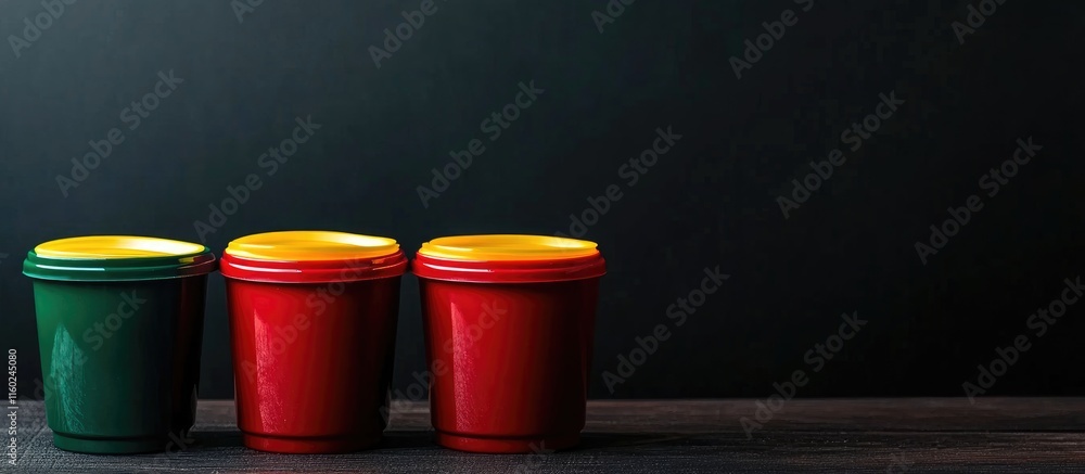 Poster colorful sauce containers in red yellow and green on a dark background with ample empty space for cu