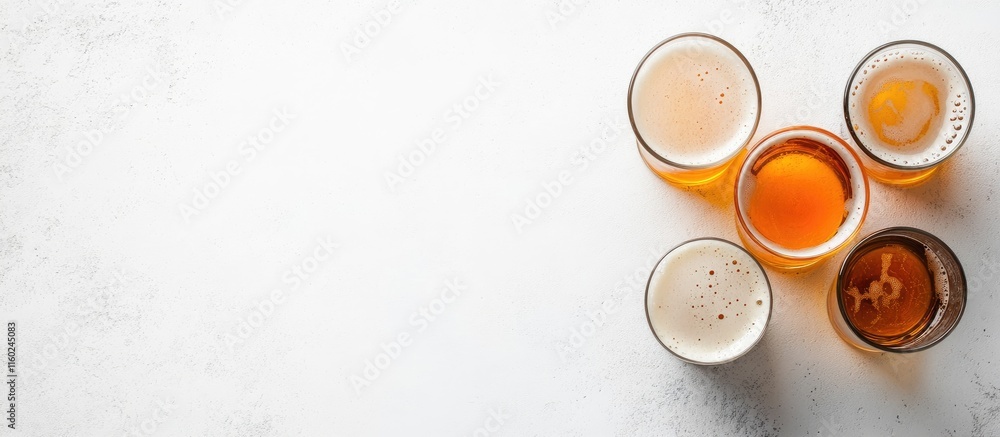 Poster assorted craft beer glasses arranged on a white background with ample blank space for customization 