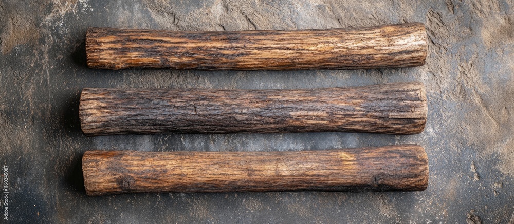 Poster rustic solid wood logs arranged from above with textured background and empty space for custom text 