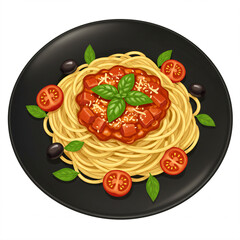 A black plate of spaghetti with chunky tomato sauce, basil leaves, cherry tomatoes, and black olives.