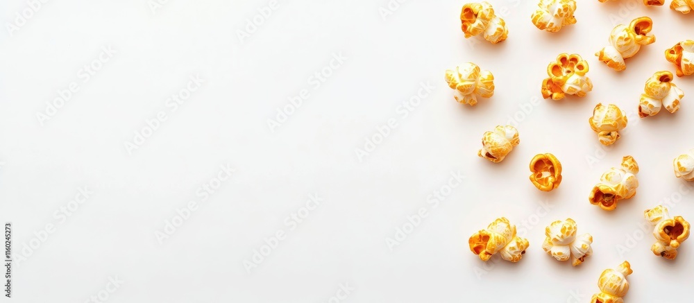 Poster golden popcorn kernels arranged on a white background with blank space for text and creative culinar