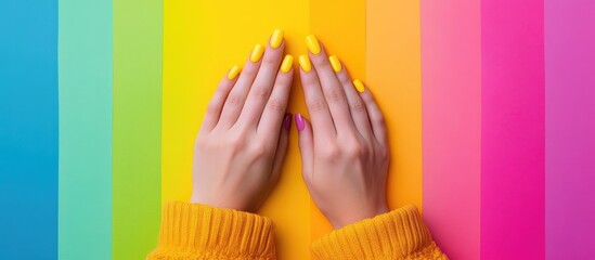 Colorful women's hands with vibrant yellow nail art on a rainbow backdrop showcasing creative nail designs and space for text inclusion.