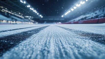 Ski Racing Track Perspective with Snowy Surface and Stadium Lights Ready for Competitive Event