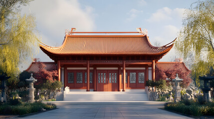 Fototapeta premium Traditional Chinese Pavilion Surrounded by Serene Landscape and Lush Willow Trees : Generative AI