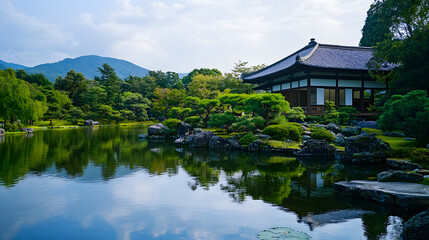 Obraz premium Traditional Japanese Zen Garden with Tranquil Pond and Lush Greenery Capturing Nature's Serenity : Generative AI
