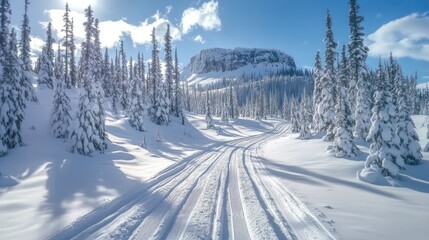 Ski tracks winding through a serene winter landscape with snow-covered trees and a majestic mountain backdrop under a clear blue sky