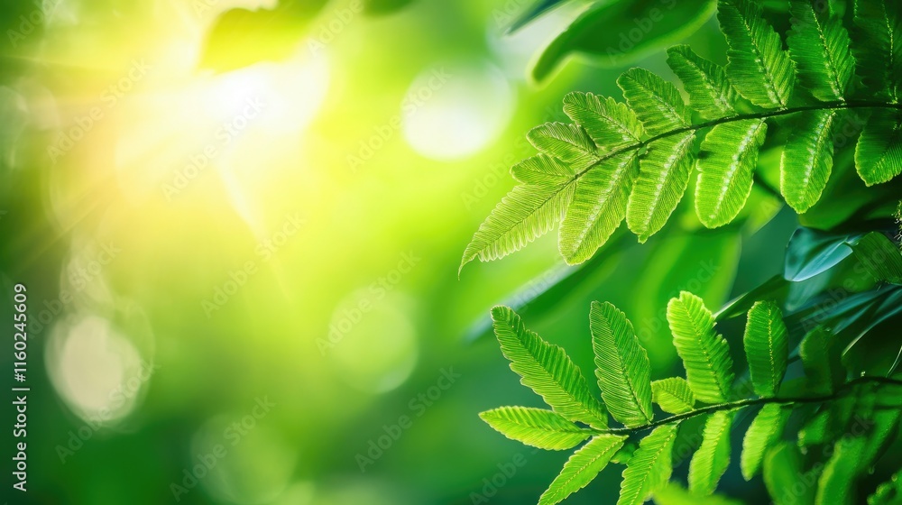 Poster macro close up of lush green fern and leaves with soft light in a dense forest environment against a