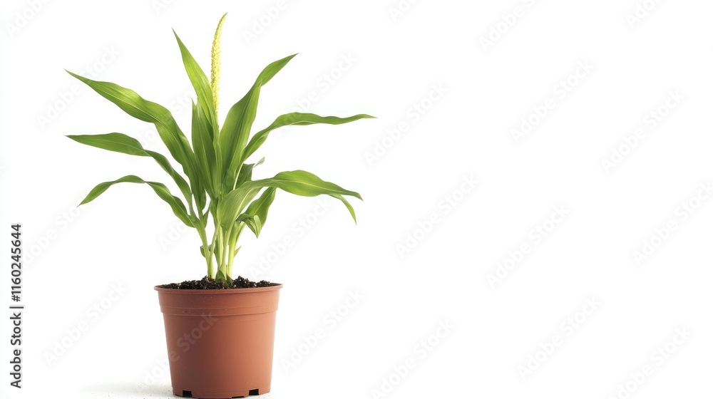 Poster fresh corn plant in pot on white background with generous empty copyspace for design and marketing u