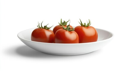Fresh organic tomatoes arranged on a white plate showcasing vibrant color and natural texture against a clean backdrop.