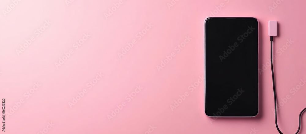 Poster smartphone charging on a pink background with empty space for text showcasing modern technology and 