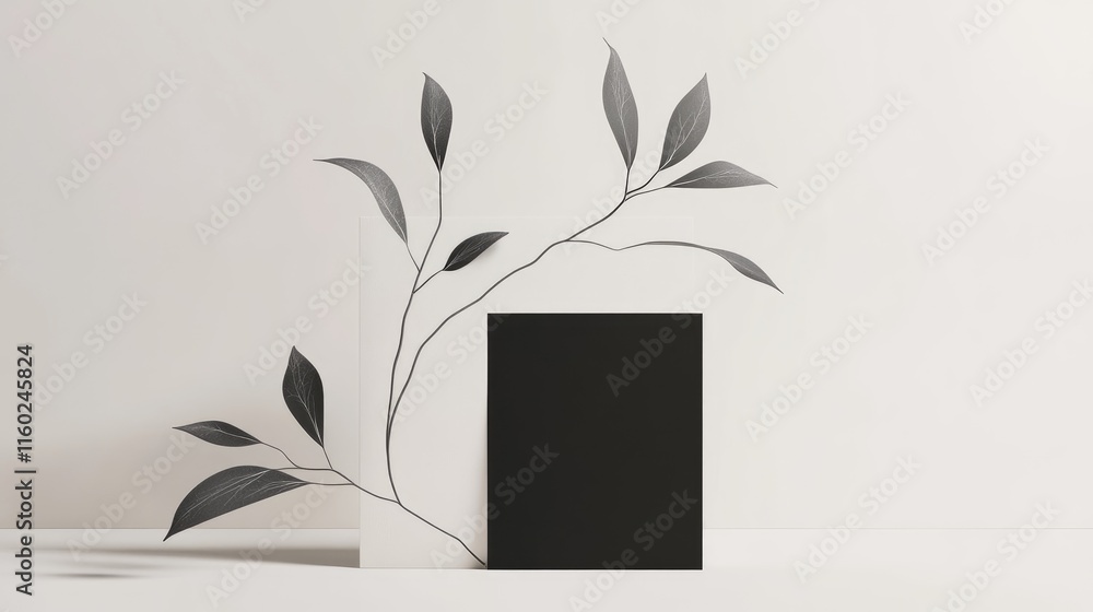 Poster minimalistic composition featuring a black rectangle and delicate leaf branches against a light back