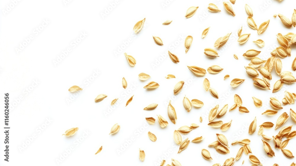 Poster corn seeds scattered on white background with empty space for agricultural concepts and projects sho
