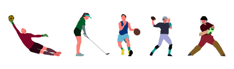 Fototapeta premium Popular sports collection illustration set. football, golf, basketball, rugby, cricket. ideal for posters, merchandise, sports app design, to social media decoration or promotional content.