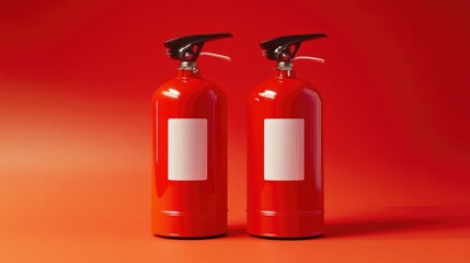 Obraz premium Two Vibrant Red Fire Extinguishers Against a Fiery Gradient Background Representing Fire Safety and Emergency Preparedness