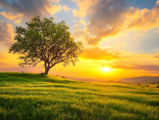 Solitary Tree on Lush Meadow at Sunrise Radiating Peaceful Natural Beauty : Generative AI