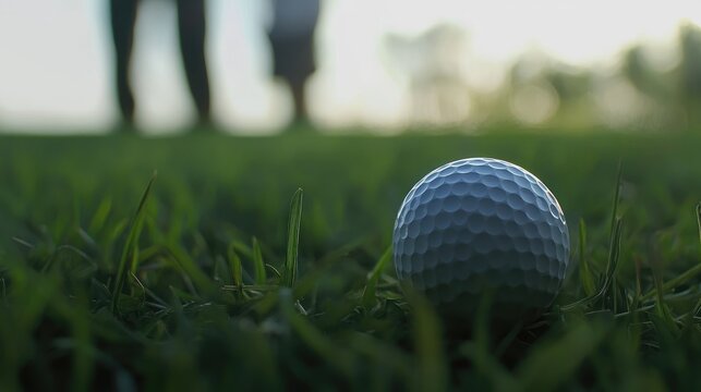 Golf Ball on Green Grass Symbolizing Business Strategy and Success in Modern Office Environment with Golfer Silhouette in Background