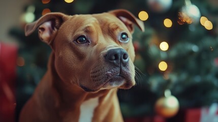 Obraz premium Brown and White Dog by Christmas Tree