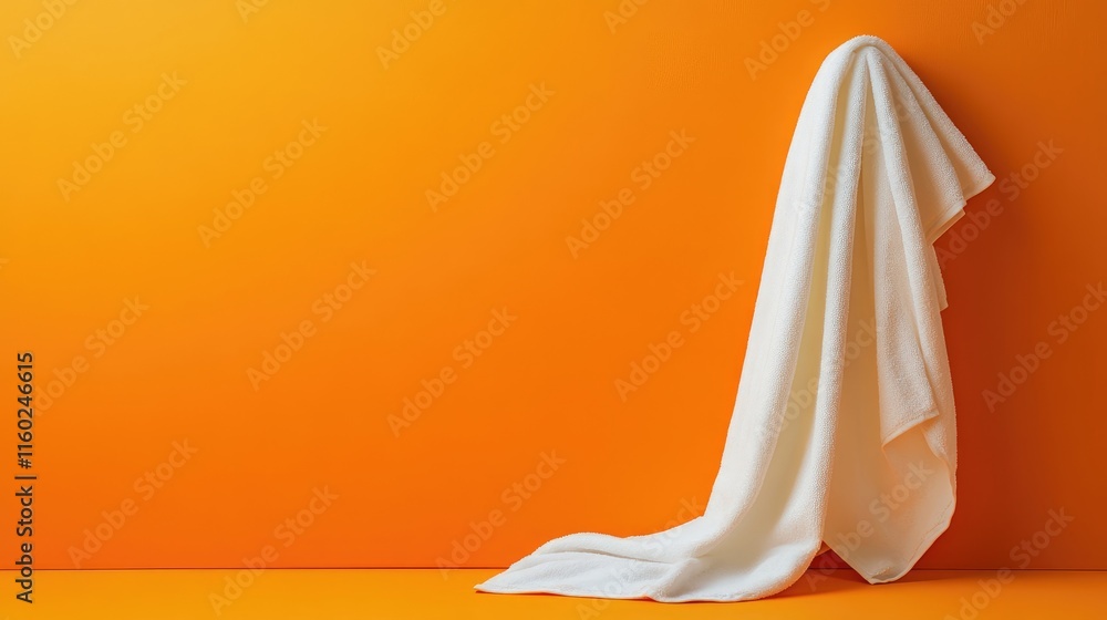 Poster minimalist white towel against vibrant orange wall creating a modern and refreshing backdrop for var
