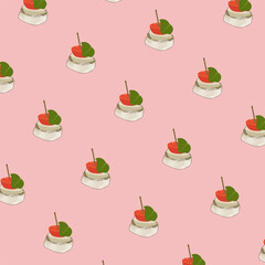 A set of appetizing skewer sticks and canapes pattern illustrations, pink background. Ideal for food packaging, fabric, stationery, greeting cards, and party decorations.