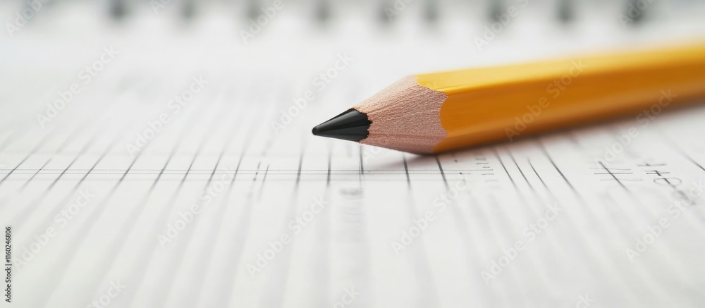 Poster pencil resting on a blank data sheet in an office setting with ample space for adding text or notes