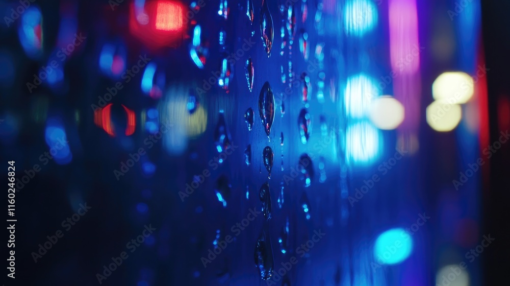 Poster raindrops on glass with vibrant bokeh lights creating a captivating nighttime atmosphere in a city s