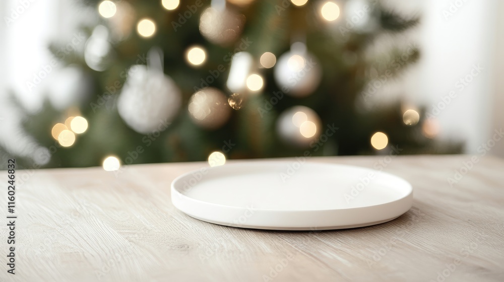 Poster elegant white tabletop with bokeh christmas lights and tree in background perfect for product placem