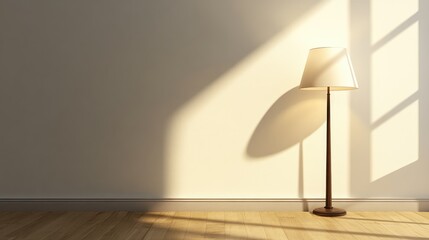 Cozy bedroom corner featuring a stylish desk lamp casting shadows on a blank wall with warm wooden flooring. Perfect for interior design themes.