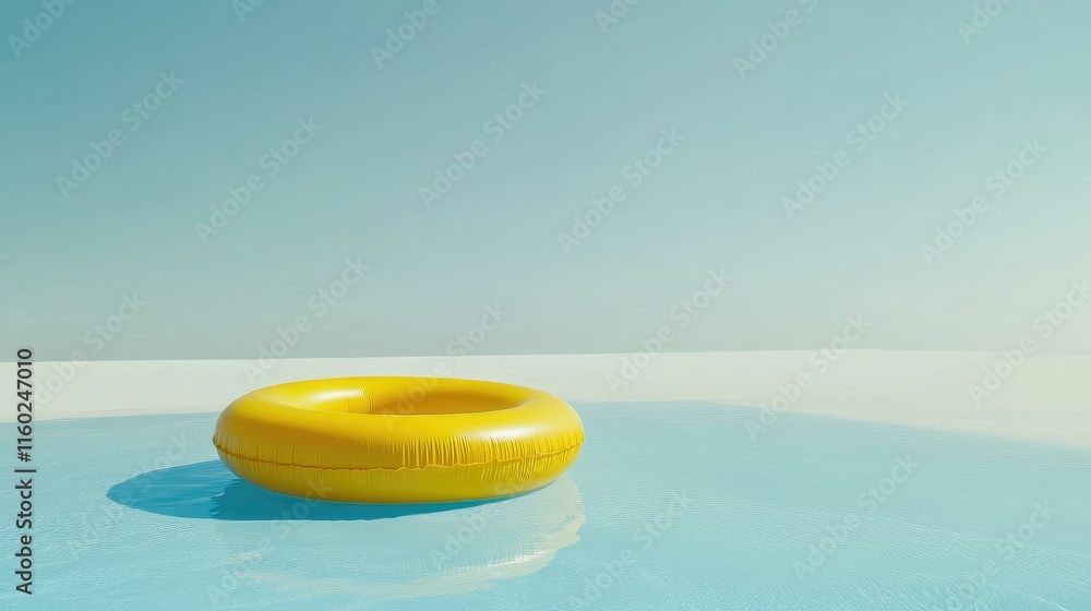 Poster yellow inflatable ring resting on tranquil pool water under a clear sky creating a serene and inviti