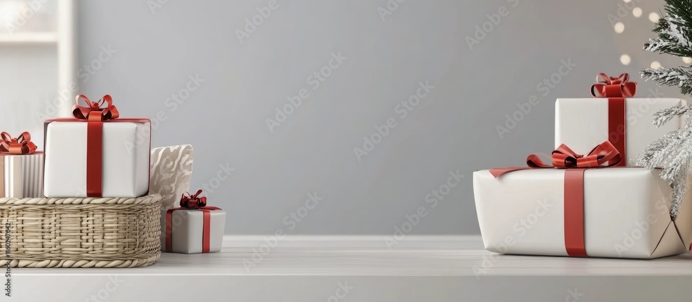Poster decorative wrapped gifts and baskets on a shelf with neutral background for customizable text space