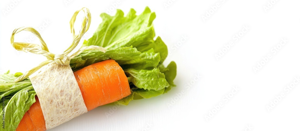 Poster fresh carrot and leafy greens wrapped together on a white background with ample negative space ideal