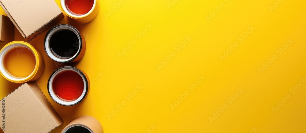 Aufkleber tea cups and cardboard containers on vibrant yellow background with ample space for text or branding