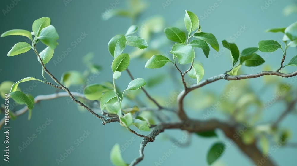 Poster delicate green leaves gently sway on a tree branch against a soft blurred background creating a sere