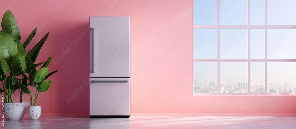 Poster modern kitchen interior featuring a refrigerator and large window in a pink setting ideal for creati