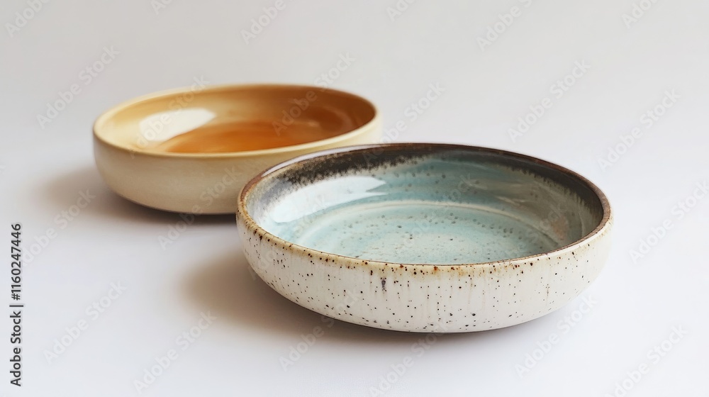 Poster handcrafted ceramic plates with unique glazes showcasing artistic design and texture in a minimalist