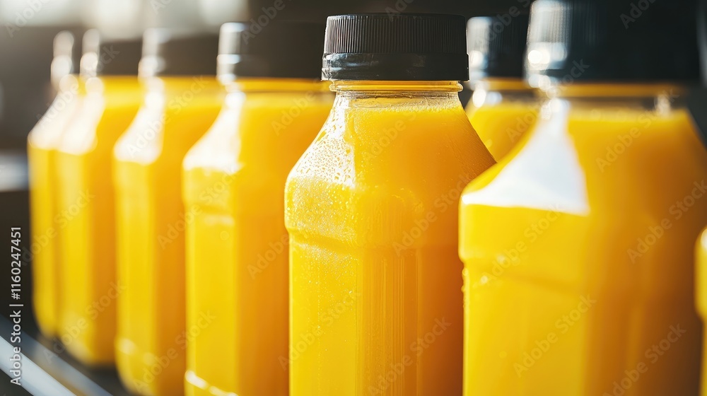 Poster yellow juice bottles displayed in a row highlighting nutritional information and vibrant color under