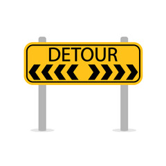 Detour to the left and to the left. A rectangular yellow road sign with black arrows and the words detour. The direction indicator