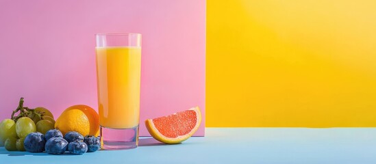 Fototapeta premium Vibrant glass of orange juice on colorful pastel surfaces with fresh fruits nearby ideal for beverage advertising or health-related content
