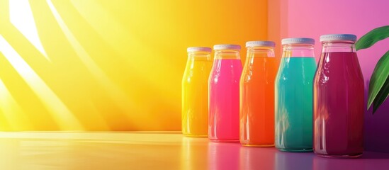 Colorful fruit juice bottles in a vibrant setting with sunlight and room for text, ideal for advertisements or promotional materials.