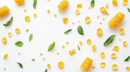 Corn on the cob with fresh basil leaves on a white background creating vibrant food design and copyspace for culinary themes and recipes
