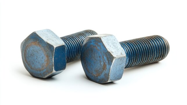 Detailed close-up of two blue and white iron bolts isolated on a white background highlighting their reverse side with ample copy space