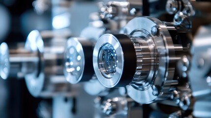 Obraz premium Precision optical laboratory equipment with lens arrangement showcased in a close-up setting conveying advanced technology and precision engineering.
