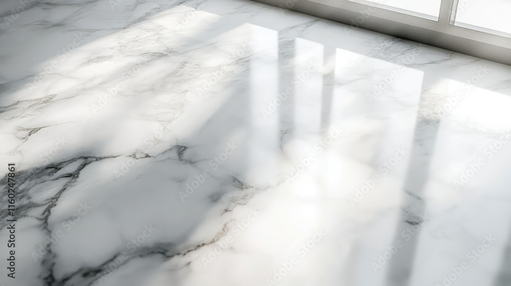 Poster soft window light illuminating a glossy marble tabletop creating an elegant mockup design space for 